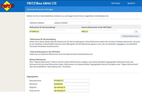 Für das Telefonieren wird nicht die Mobilnummer der SIM-Karte verwendet, sondern IP-Telefonie. Nach Registrierung bei einem Anbieter muss man nur die gelben Felder der Fritzbox ausfüllen.