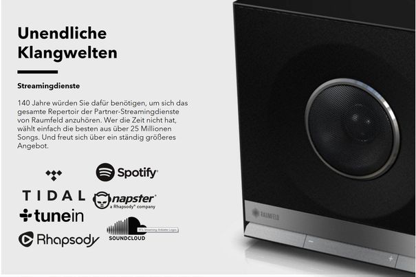 Das Multiroom-System von Raumfeld unterstützt die wichtigsten Streamingdienste inklusive Lossless-Formaten.