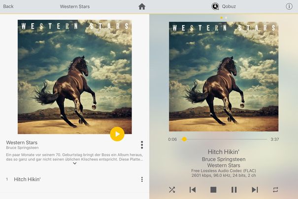 Direkte Wiedergabe eines Hi-Res-Tracks des Streamingdienstes Qobuz mit der Lindemann-App auf dem iPad.